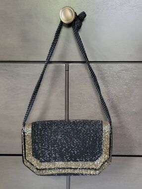 Vintage Black and Gold Beaded Wristlet Clutch
